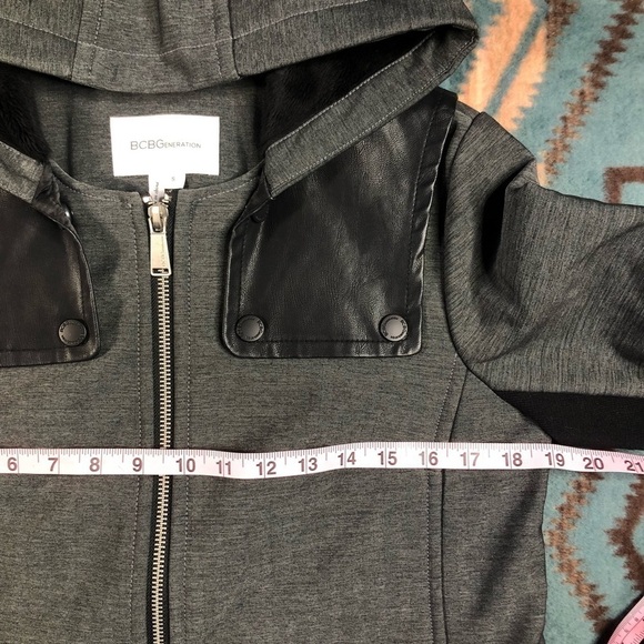 BCBGeneration Grey and Black Faux Leather Hooded Women's Jacket Sz Small - Picture 11 of 14